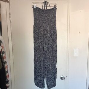 Free People Large Gray Geometric Floral Elastic Jumpsuit